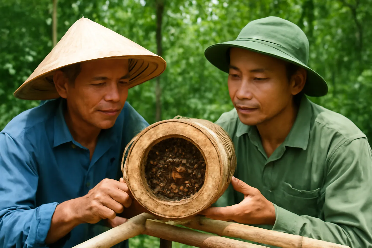 Khúc gỗ có tổ ong dú cưa gọn đặt trên giá tre ven rừng, hai người đứng nhìn