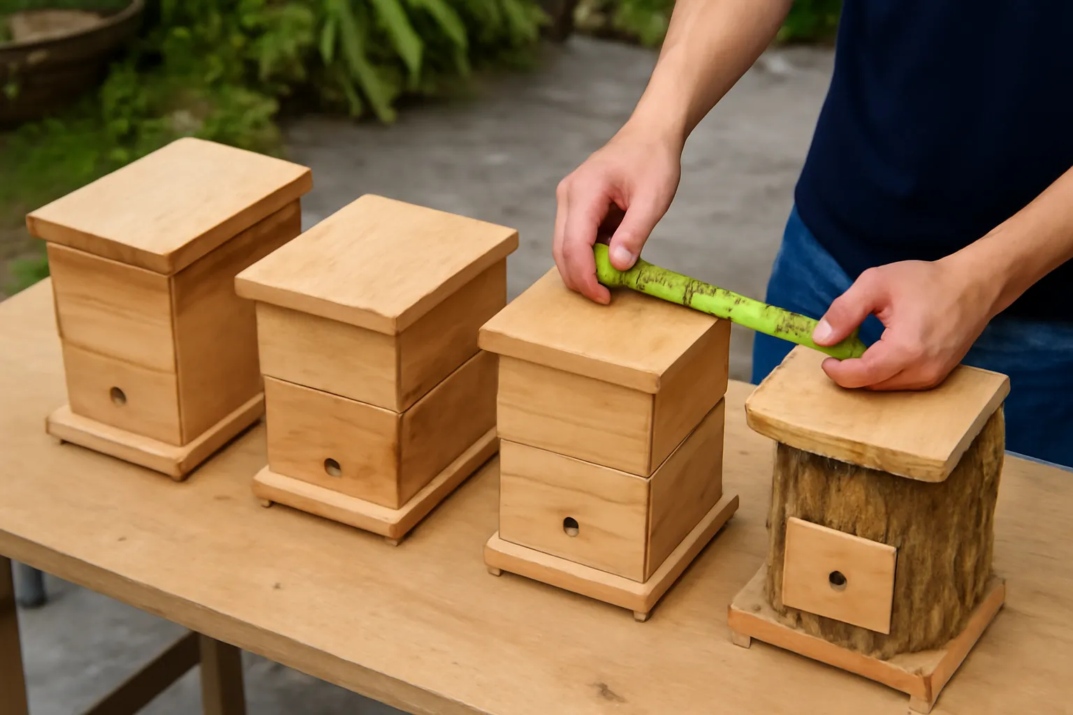 Bốn kiểu hộp gỗ nuôi ong không ngòi xếp hàng trên bàn hội thảo ngoài trời