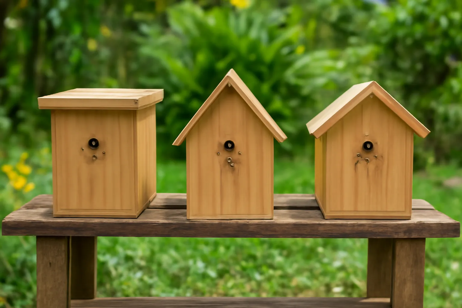 Ba hộp ong dú khác kiểu đặt trên giá gỗ trong vườn Tây Nguyên