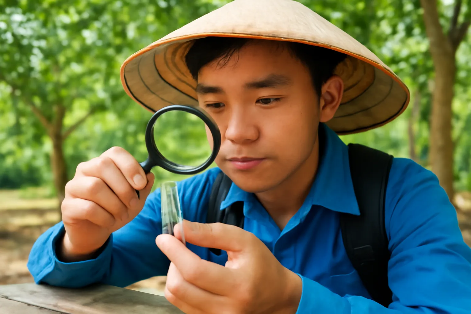 Học viên soi kính lúp con ong dú trong lọ thuỷ tinh nhỏ trên bàn gỗ