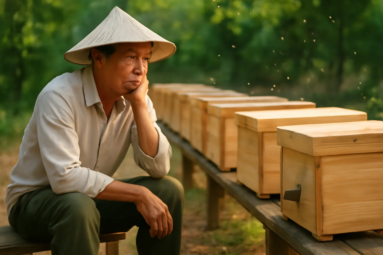 Người nuôi ong ngồi trầm ngâm bên dãy hộp ong dú trống chưa có đàn