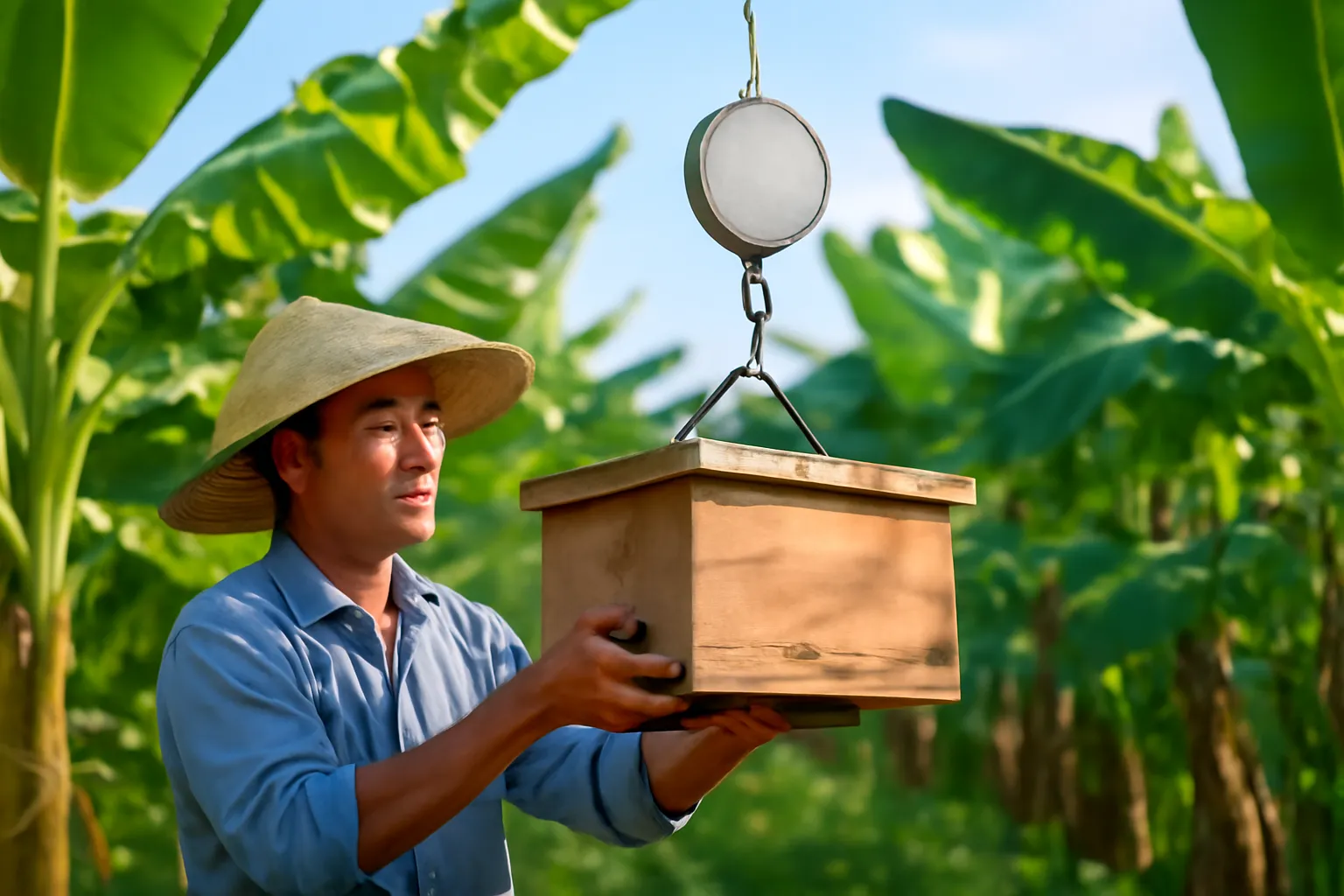 Người nuôi treo hộp ong dú lên cân móc giữa vườn chuối buổi sáng