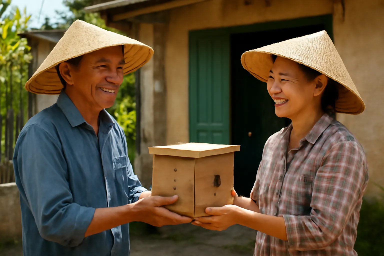 Hai nông dân trao tay hộp ong dú nhỏ trước cổng nhà, cả hai đang cười