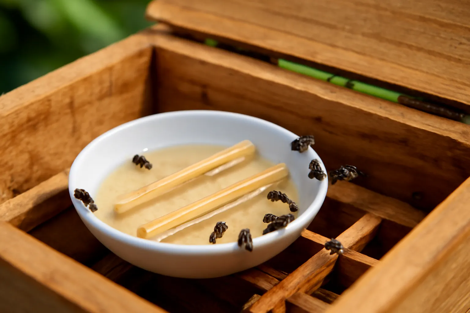 Chén nhỏ nước đường có que tre nổi đặt trong hộp ong dú