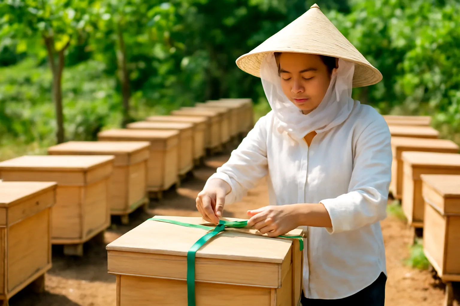 Người nuôi buộc dải ruy băng xanh đánh dấu nắp một hộp ong dú giữa hai dãy hộp