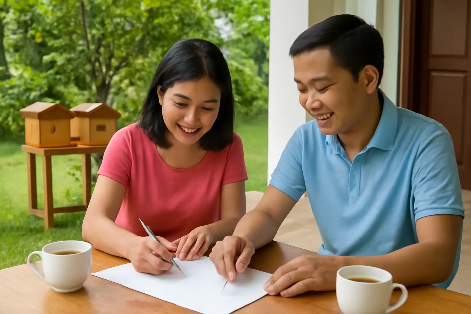 Hai vợ chồng ngồi bàn gỗ ngoài hiên phác thảo trên tờ giấy trắng, hộp ong dú phía sau