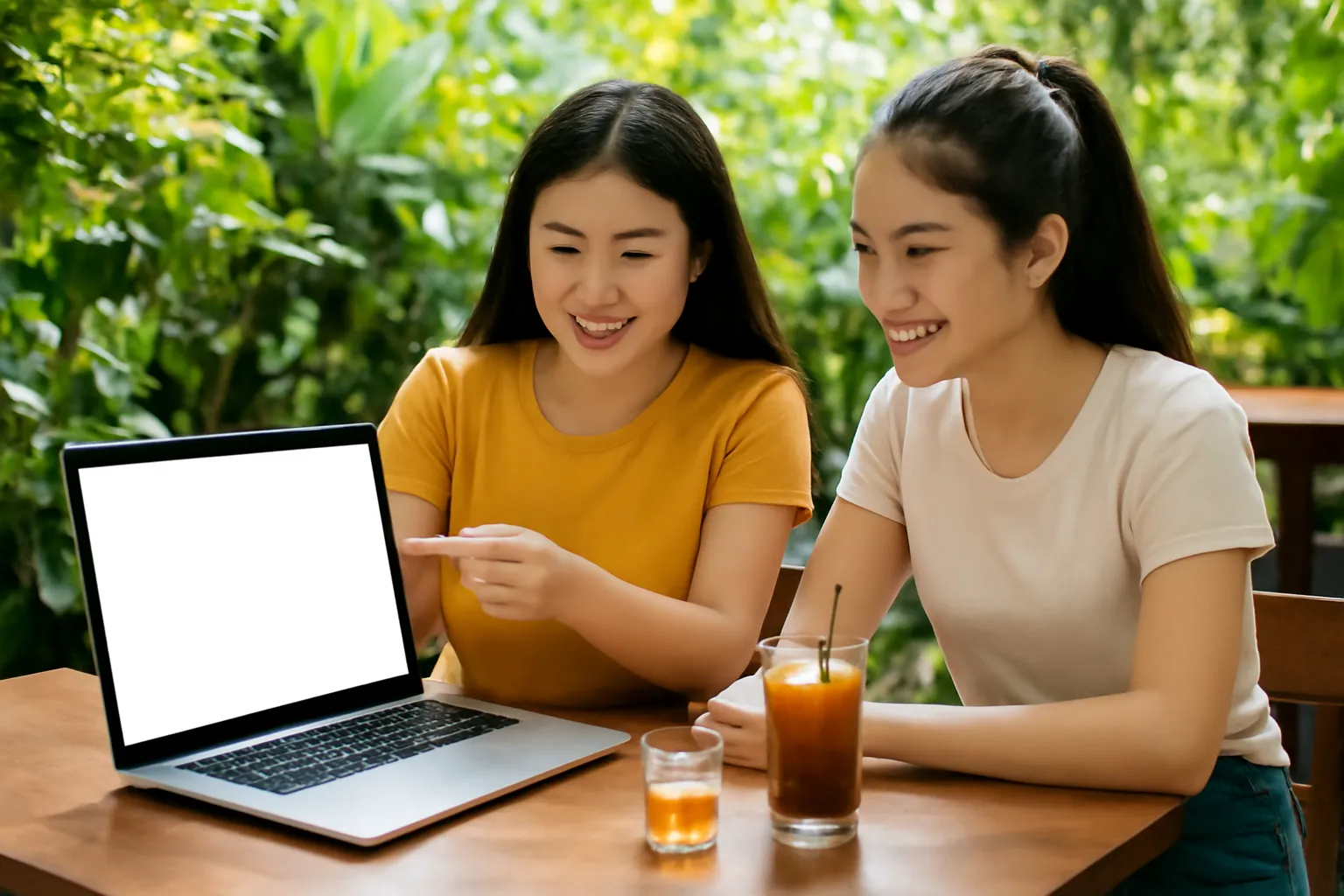 Hai bạn trẻ ngồi quán cà phê sân vườn chỉ vào laptop màn hình trống bàn chuyện ong