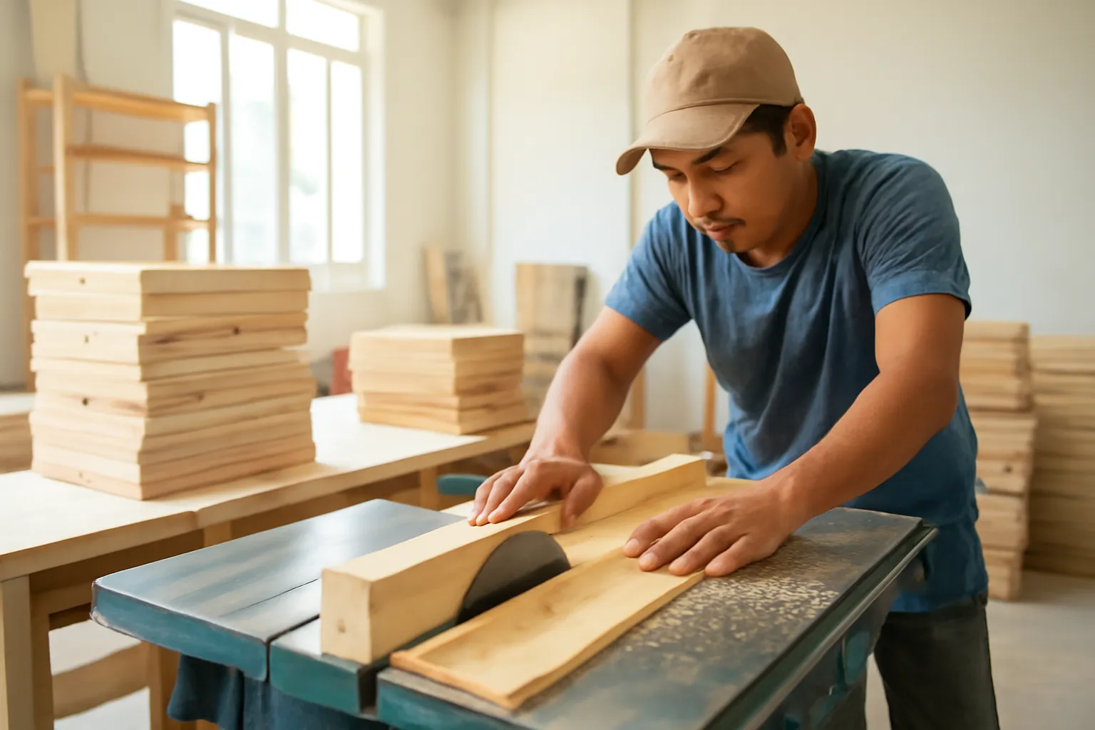 Thợ mộc cắt ván hàng loạt bằng máy cưa bàn trong xưởng sáng