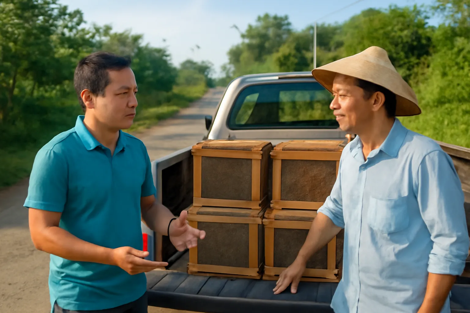 Hai người bàn bạc cạnh thùng ong buộc lưới trên thùng xe bán tải