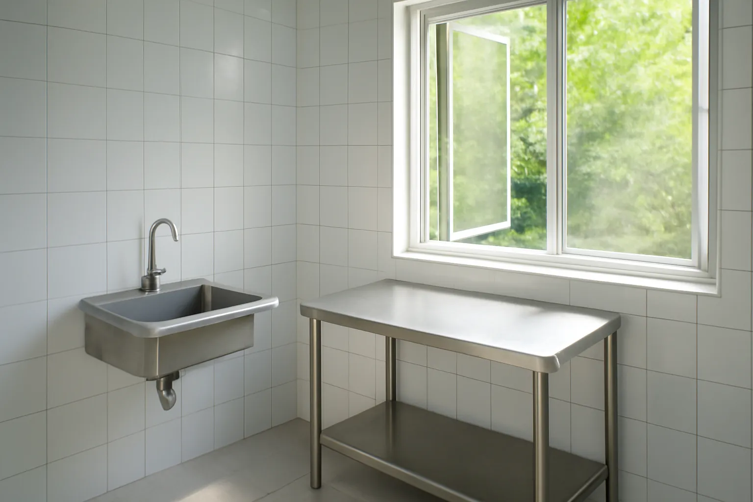 Phòng nhỏ lát gạch trắng có bồn rửa inox và lưới chắn côn trùng ở cửa sổ