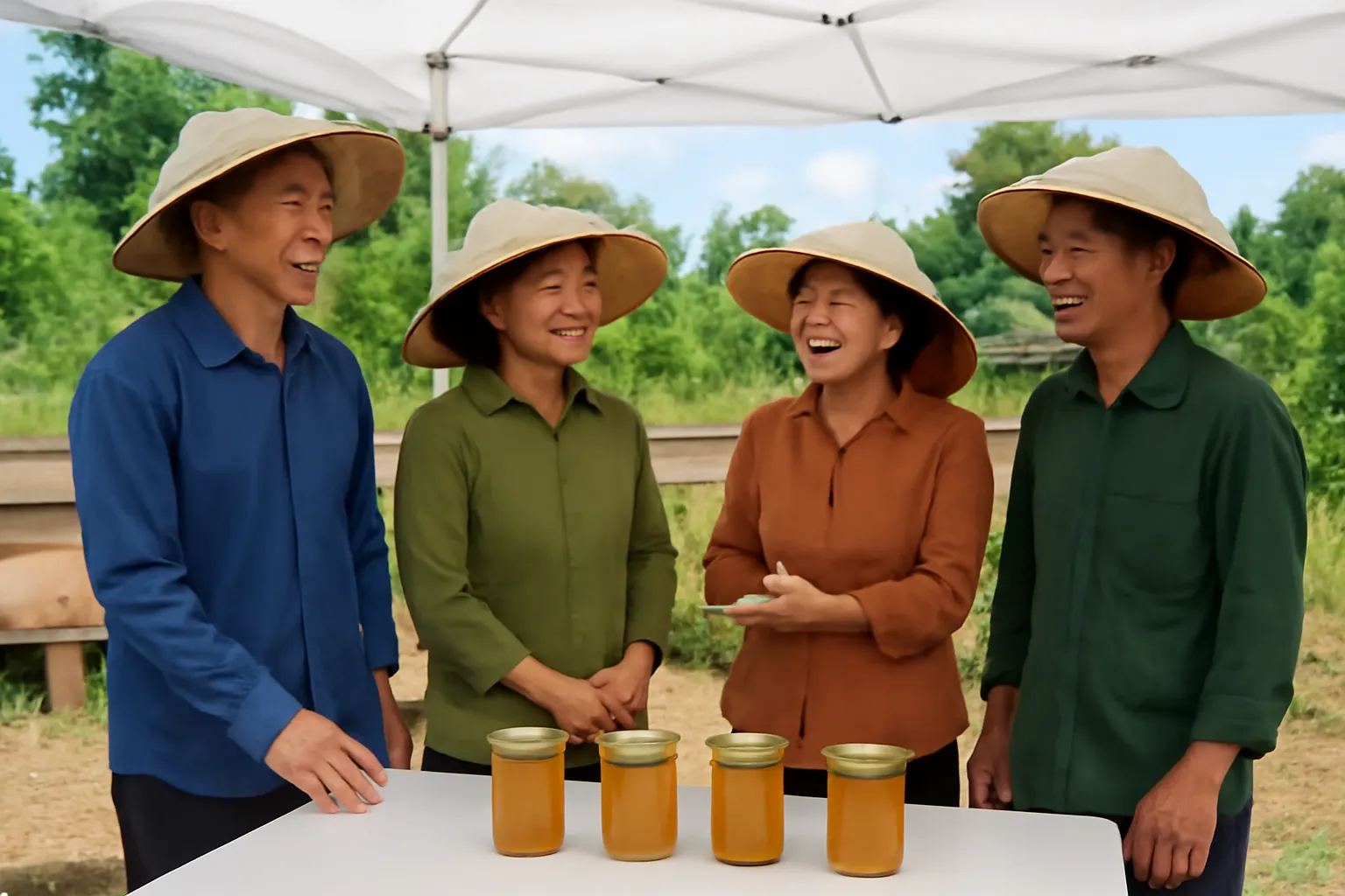 Buổi gặp mặt người nuôi ong dú dưới nhà bạt ở sân trại, bàn bày lọ mật