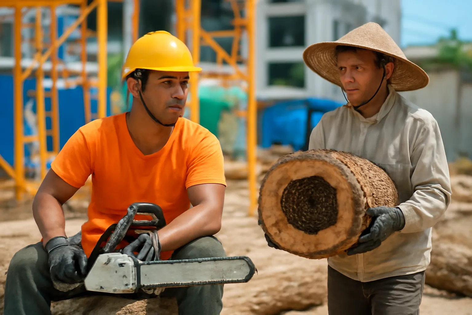 Người thợ đốn cây đứng chờ trong khi người nuôi ong chuyển khúc gỗ có tổ ra