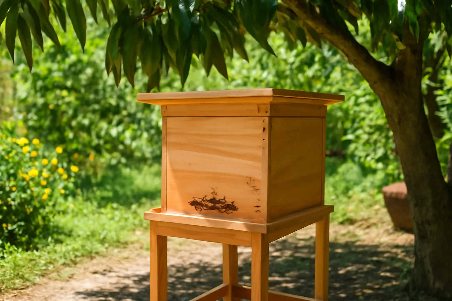 Hộp ong dú đặt dưới bóng cây xoài giữa trưa nắng trong vườn