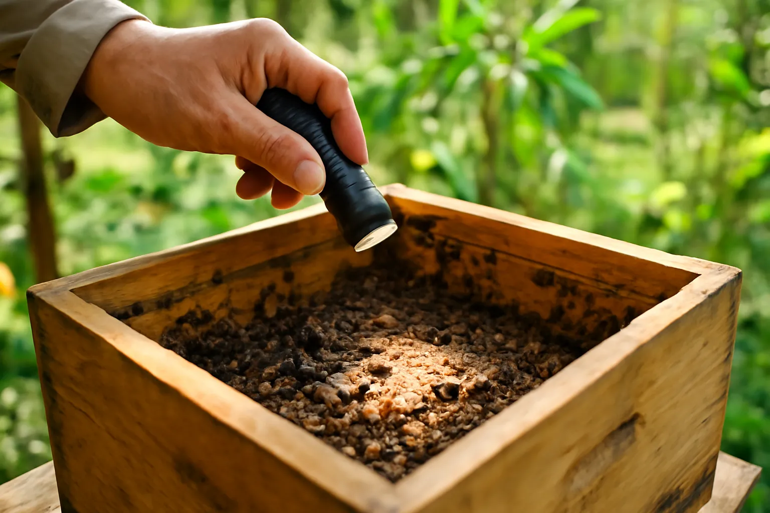 Tay người nuôi rọi đèn pin vào hộp ong dú thấy bánh ấp thưa thớt