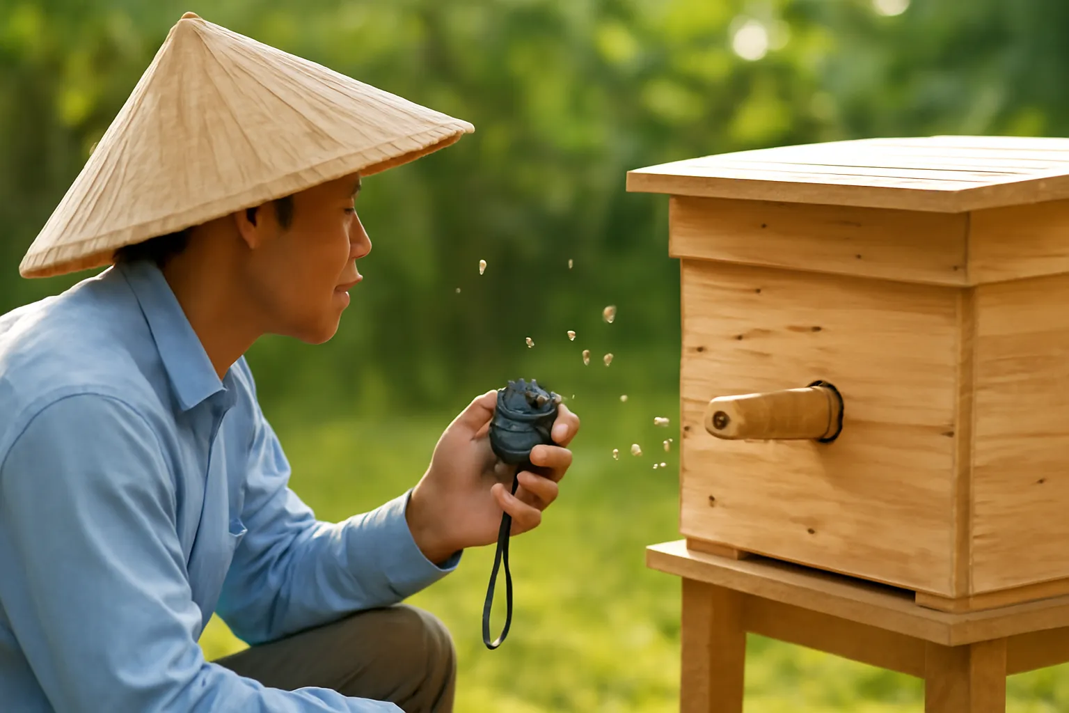 Người nuôi ngồi xổm quan sát ong dú ra vào cửa tổ lúc sáng sớm