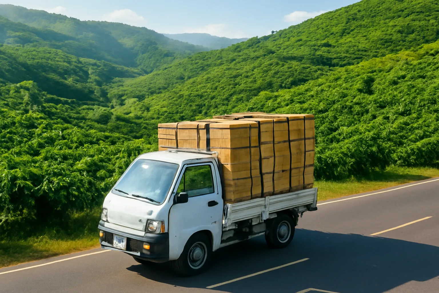 Xe tải nhỏ chở các hộp ong dú buộc chắc chạy qua đồi cà phê buổi sáng