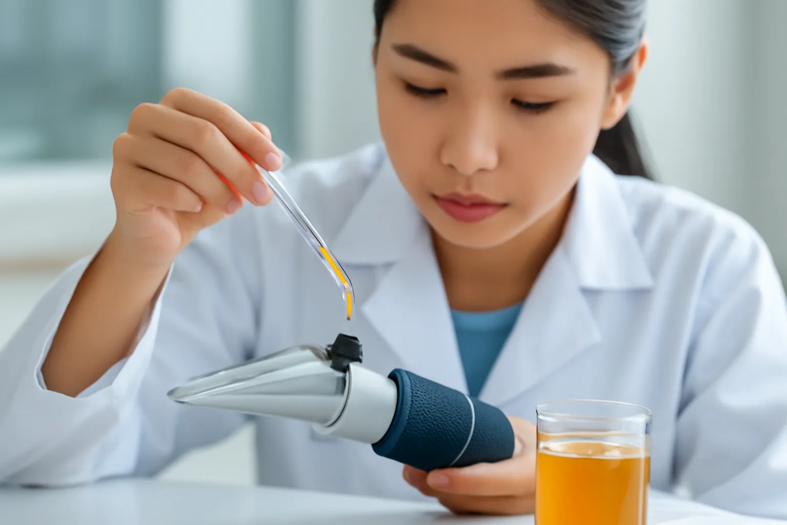 Kỹ thuật viên nhỏ giọt mật ong dú lên khúc xạ kế cầm tay