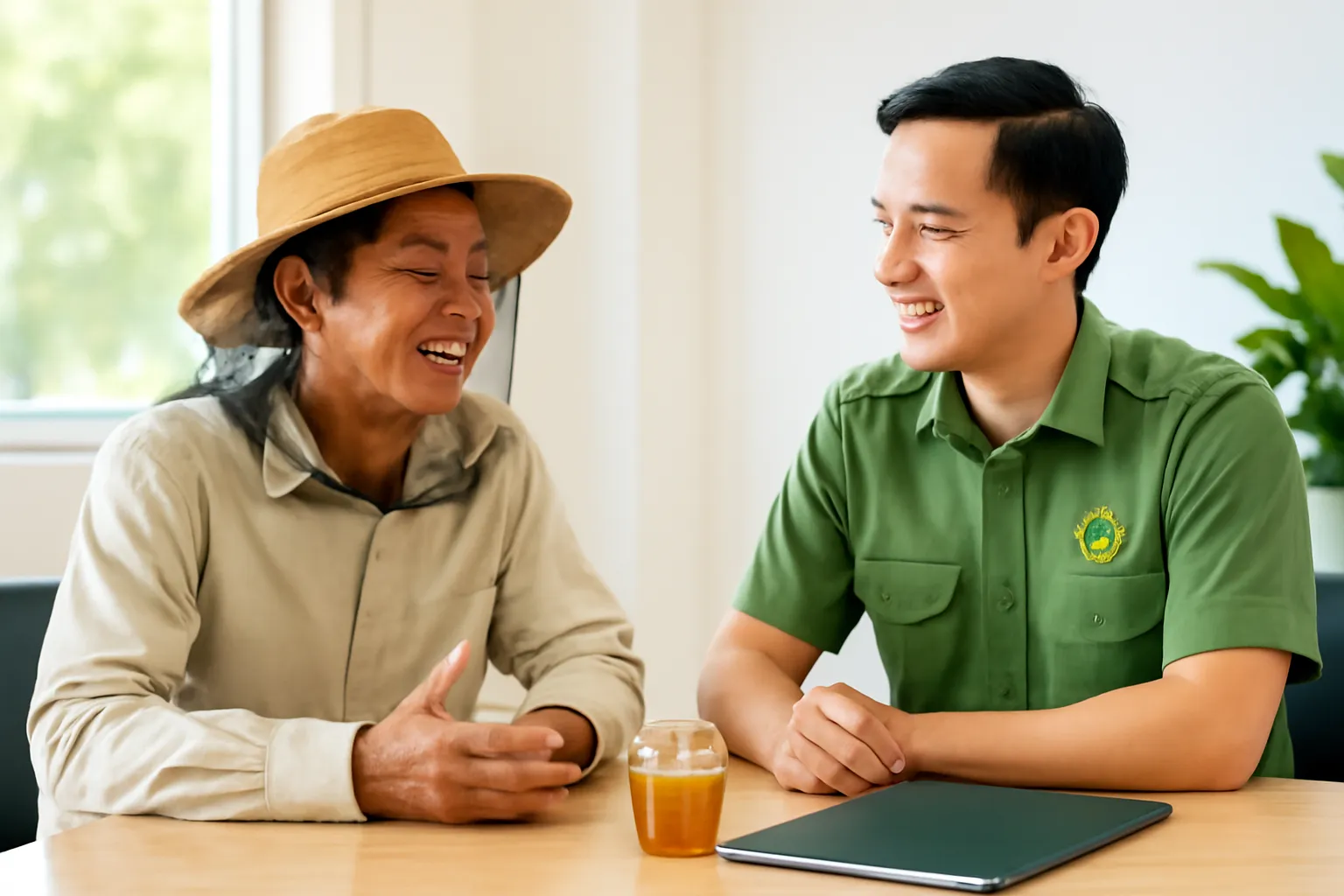Người nuôi ong và cán bộ kỹ thuật trao đổi bên bàn có tập hồ sơ đóng
