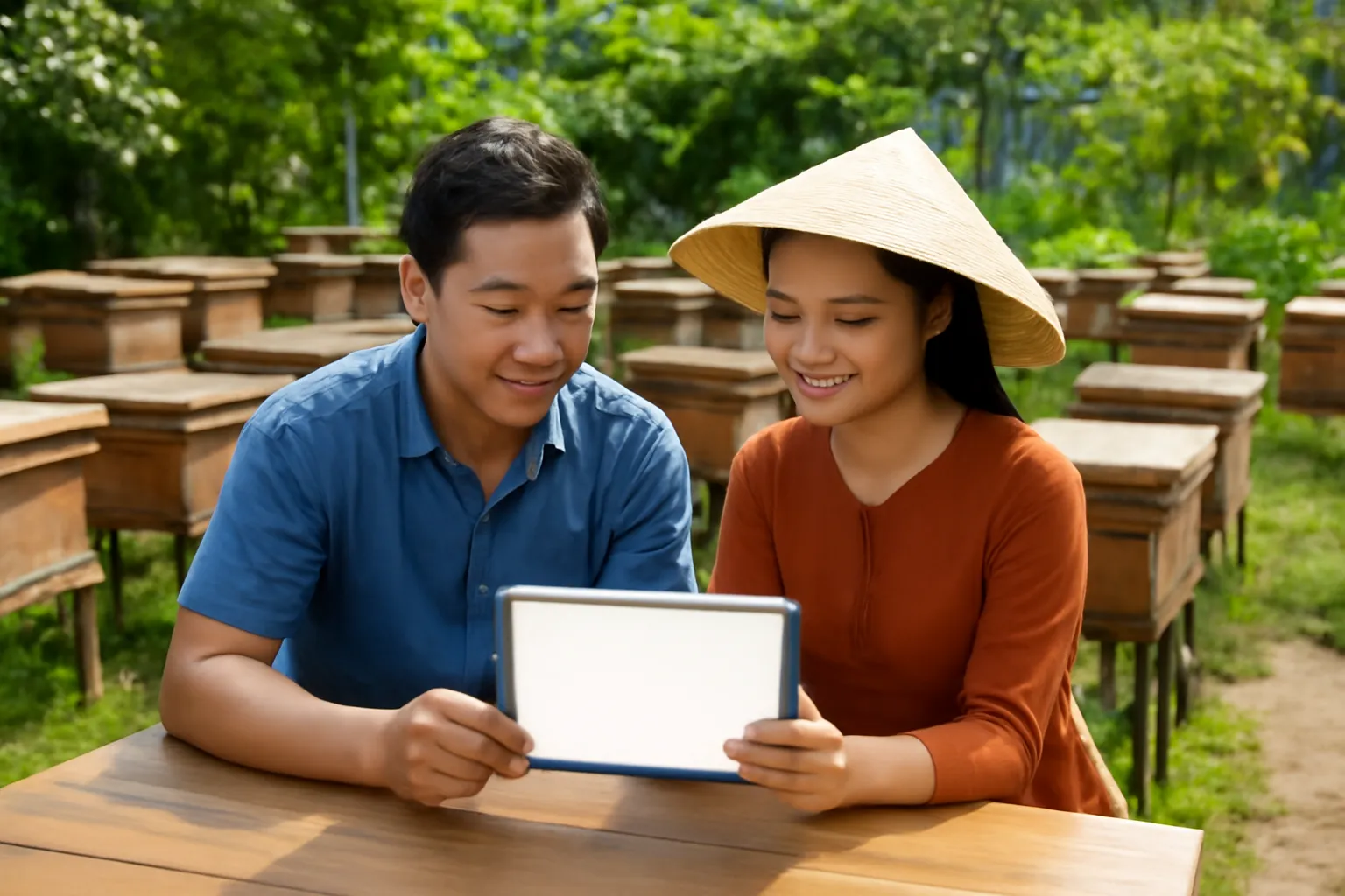 Đôi vợ chồng xem máy tính bảng bên bàn gỗ cạnh vườn ong dú
