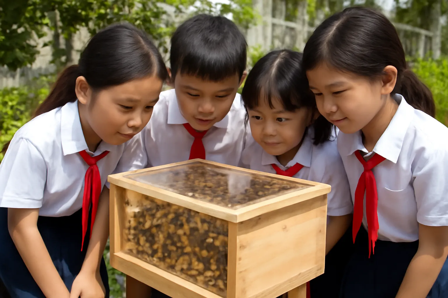 Học sinh tiểu học mặc đồng phục quan sát hộp ong dú nắp mica trong vườn trường
