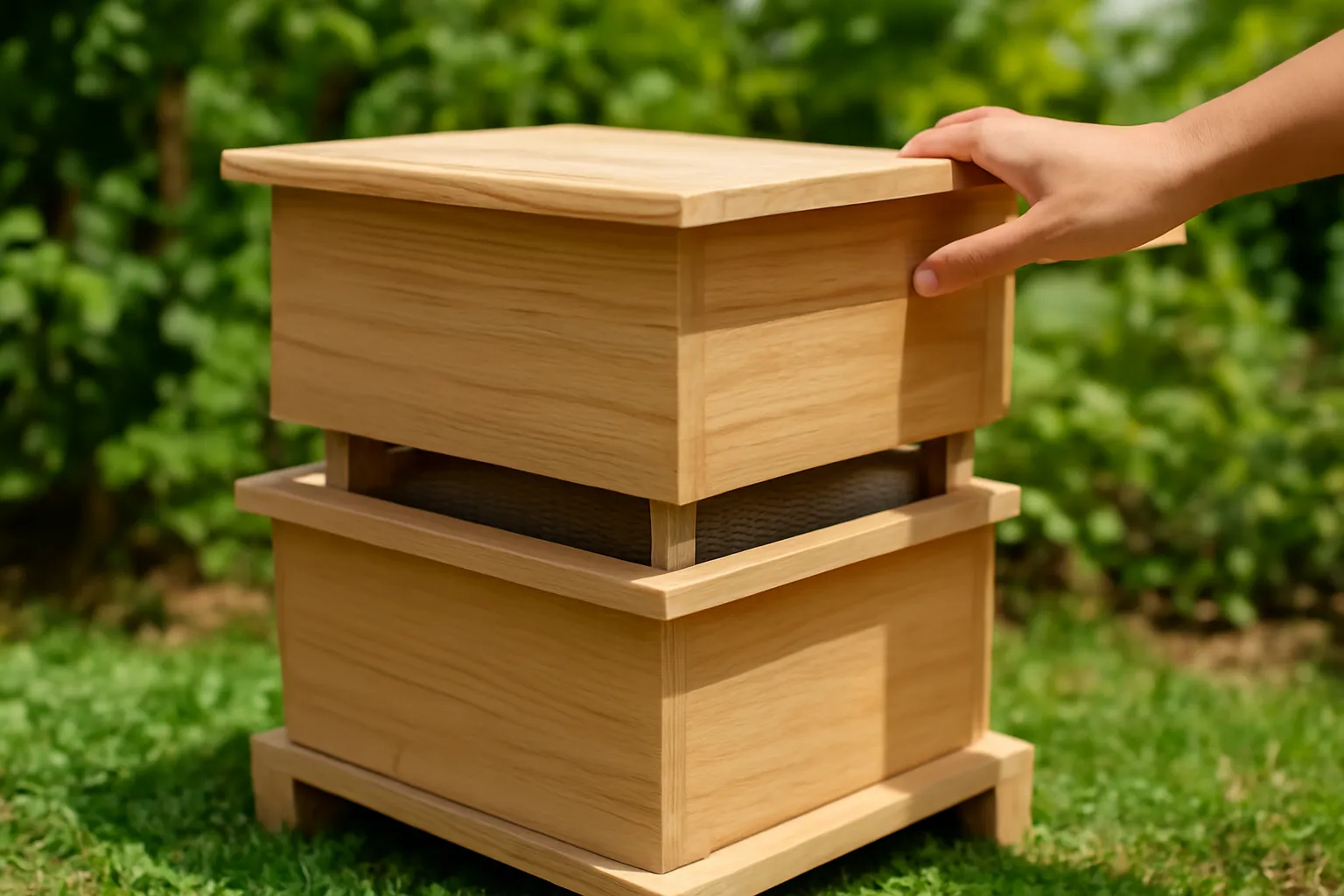 Hai hộp ong dú chồng lên nhau ngăn bằng tấm lưới mỏng giữa vườn
