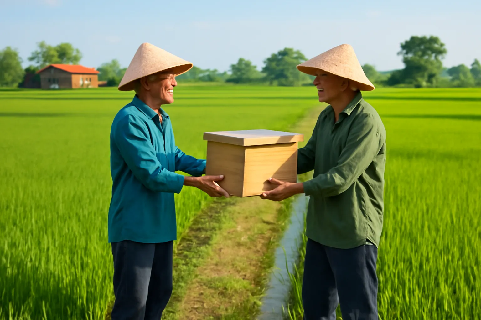Hai người nuôi trao hộp ong dú cho nhau trên bờ ruộng lúa xanh