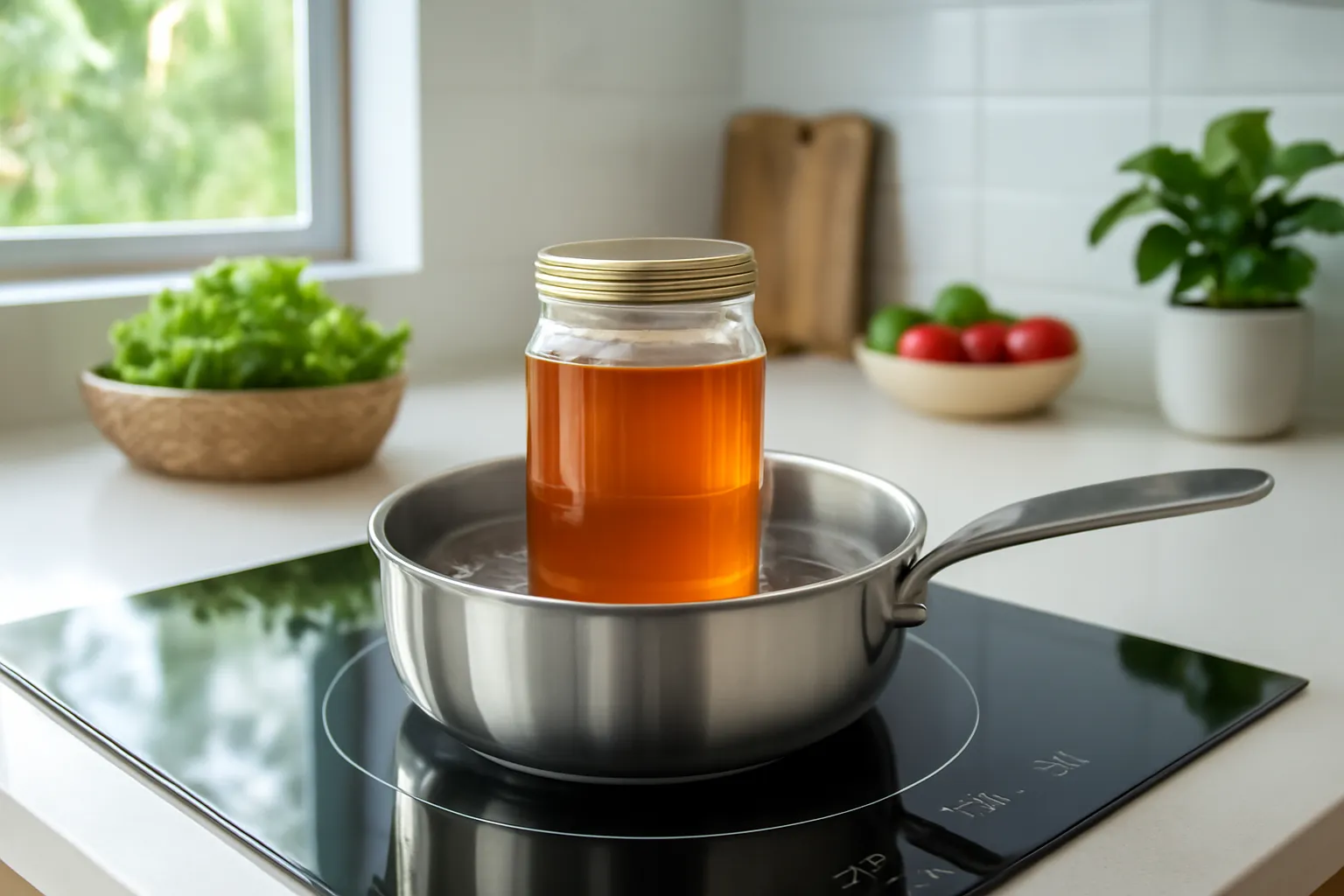 Nồi cách thuỷ có lọ mật ong bên trong trên bếp gian bếp hiện đại