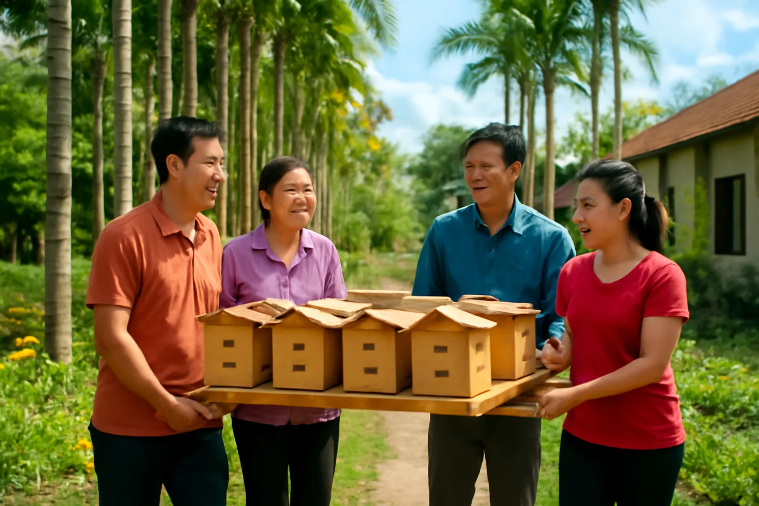 Bốn người hàng xóm cùng khiêng giá hộp ong dú đặt dưới hàng cau buổi trưa