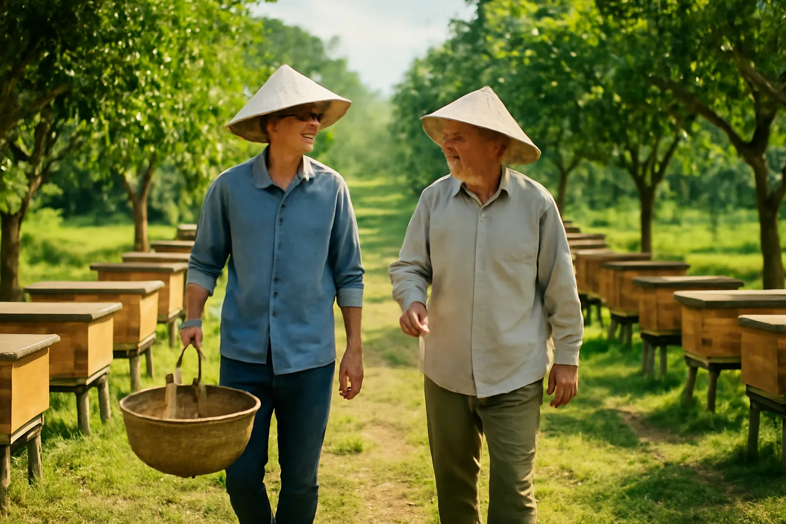 Thanh niên xách giỏ dụng cụ đi theo người nuôi lâu năm giữa dãy hộp ong dú
