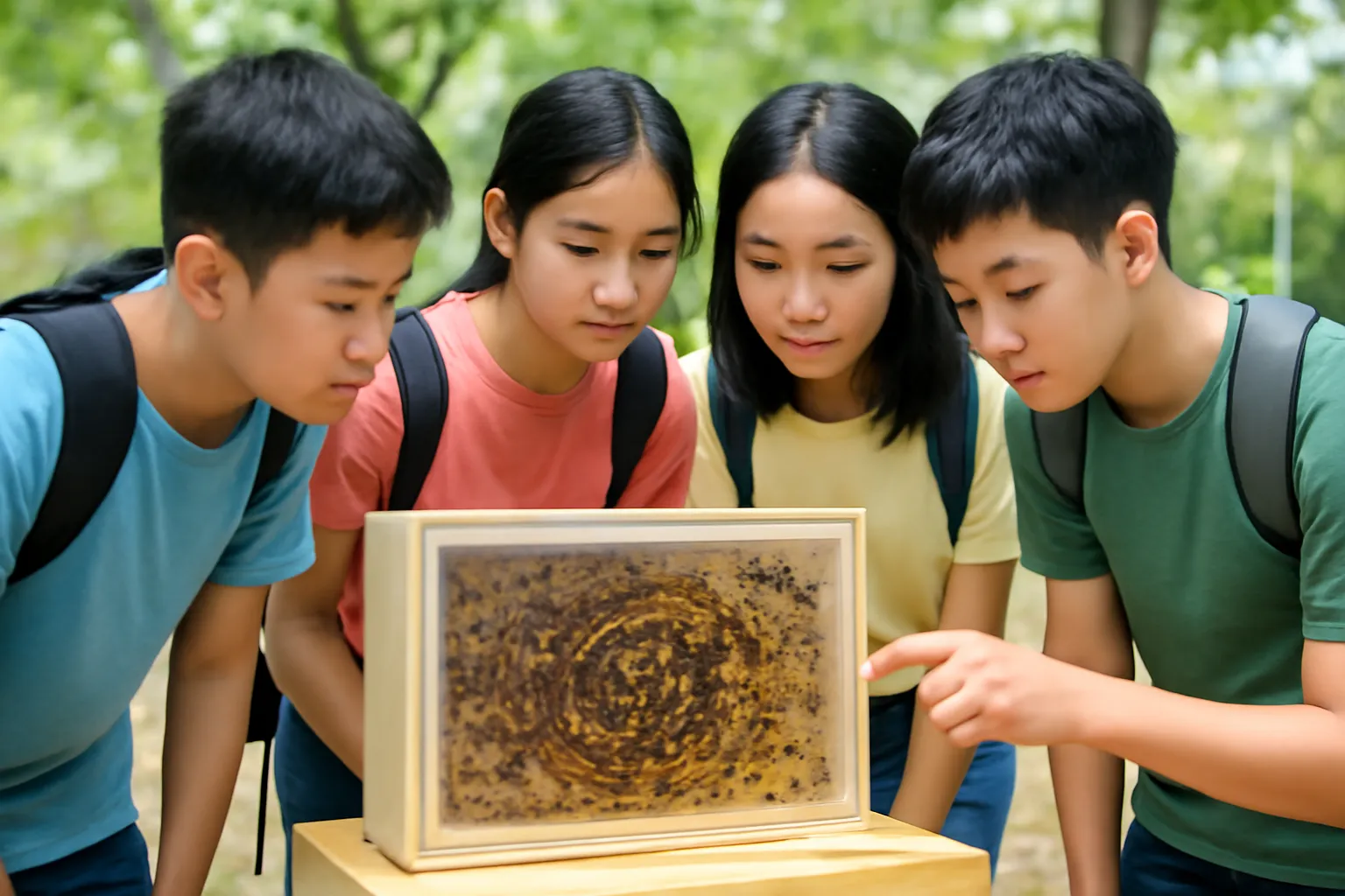 Học viên cúi nhìn qua nắp mica trong suốt thấy bánh ấp xoắn của ong dú