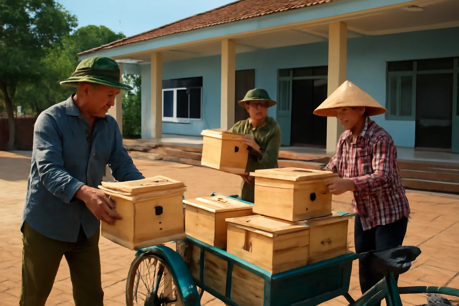 Nông dân góp hộp ong dú lên xe ba gác ở sân nhà văn hoá xã buổi sáng