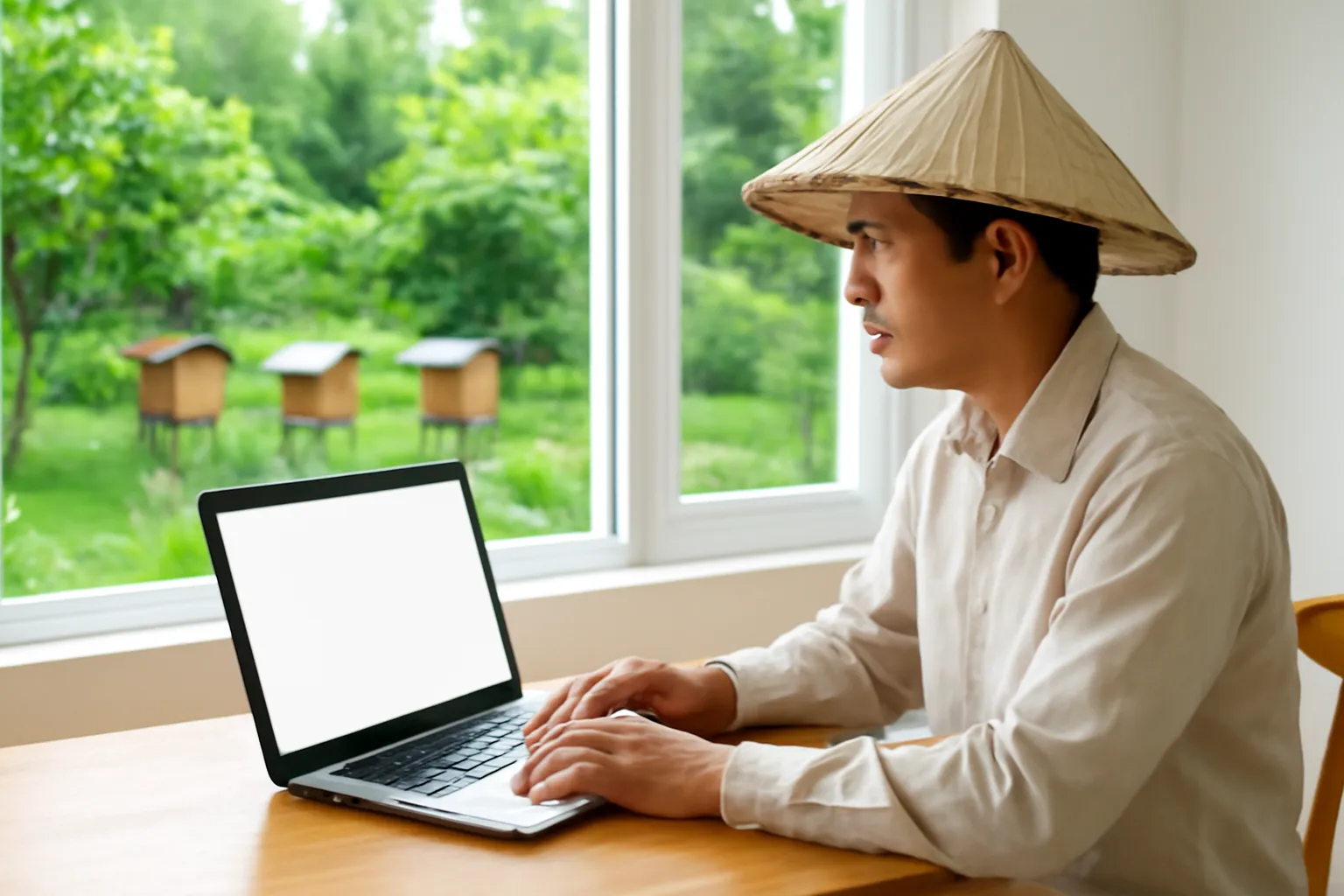 Người nuôi ong ngồi trước laptop trong nhà sáng, ngoài cửa sổ thấy hộp ong