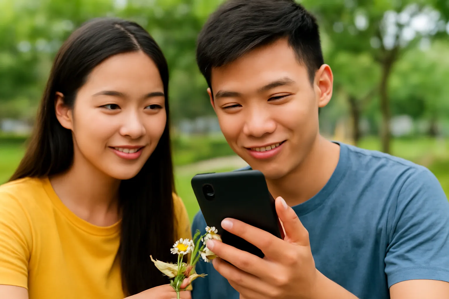 Hai bạn trẻ chụp ảnh ong dú trên hoa bằng điện thoại trong công viên