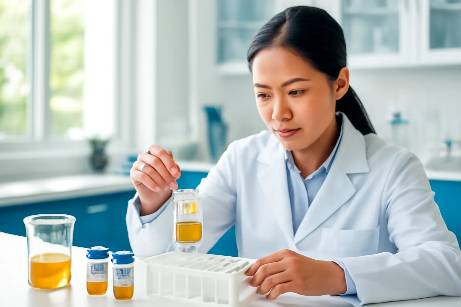 Kỹ thuật viên đặt lọ mẫu mật nhỏ vào giá trong phòng kiểm nghiệm sáng