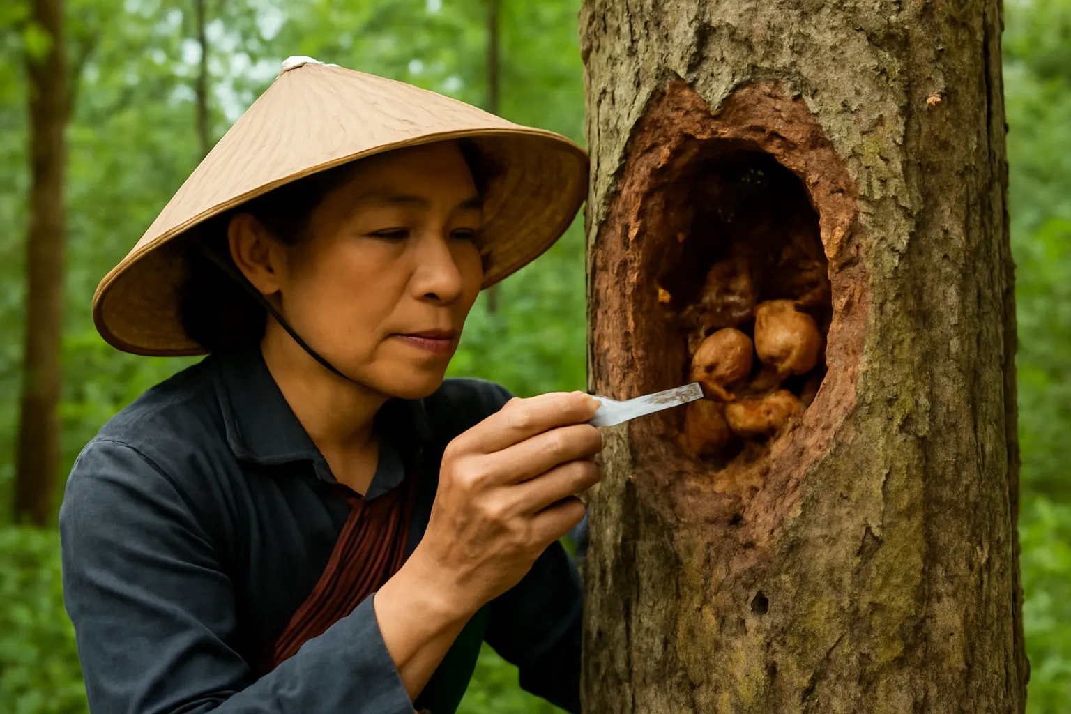 Người dân bản hút mật từ tổ ong dú trên thân cây mà không chặt cây
