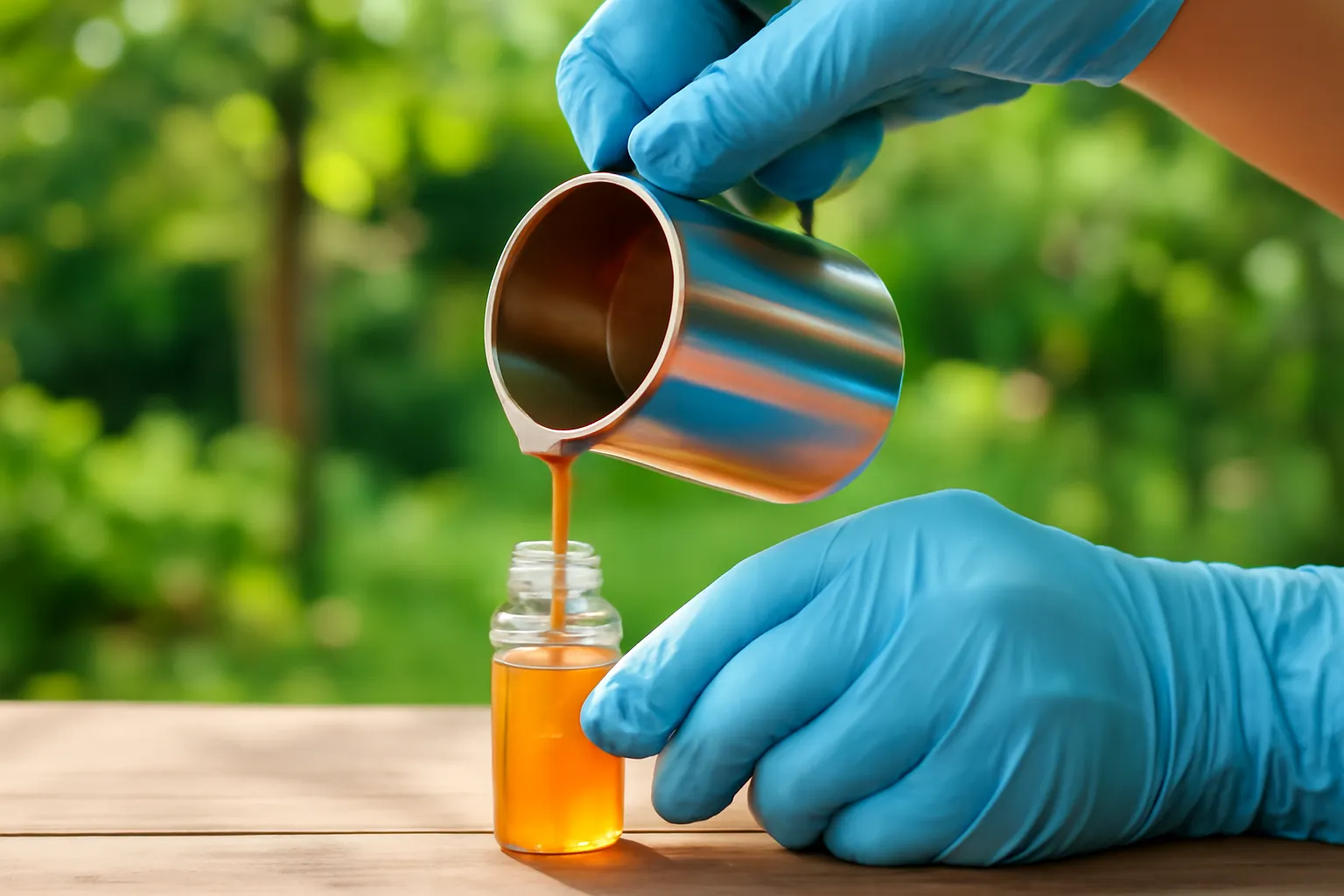 Tay đeo găng rót mật ong dú vào lọ mẫu nhỏ nắp kín trên bàn gỗ