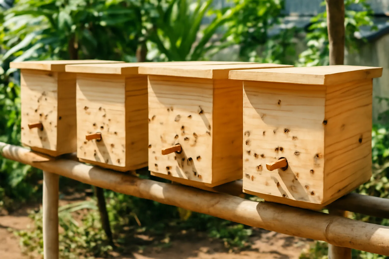 Hàng hộp ong dú mới nuôi xếp thứ tự trên giá tre ở sân nhà buổi sáng