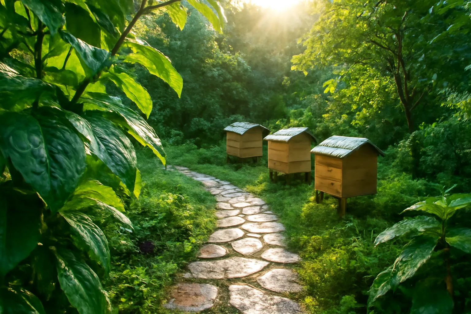 Lối vào trại ong sau cơn mưa với lá đọng nước và hộp ong mái tôn nhỏ
