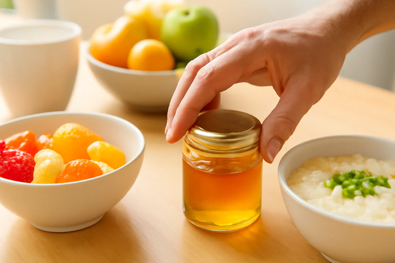 Bàn ăn sáng gia đình có lọ mật nhỏ, tay người lớn đặt trên nắp