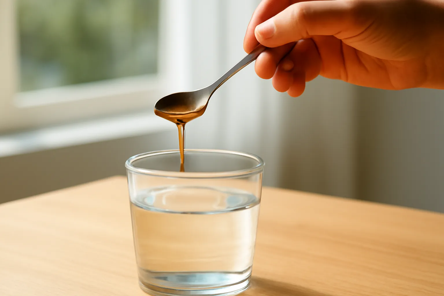 Bàn tay nhỏ một giọt mật vào cốc nước trong trên nền gỗ sáng