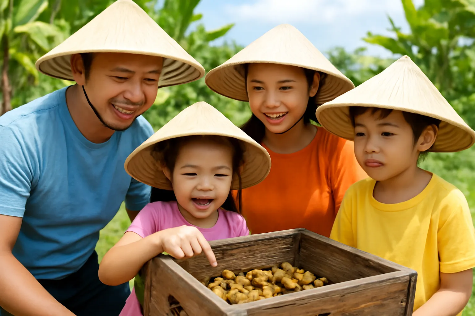Gia đình du khách đội nón quây quanh hộp ong dú mở nắp ở trại miền Tây