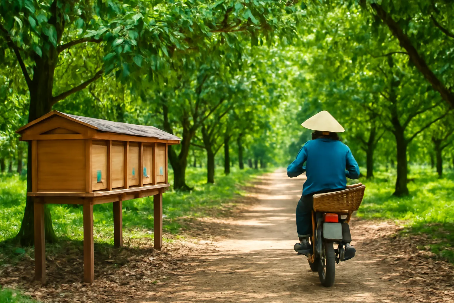 Lối đi giữa hàng sầu riêng có giá hộp ong dú dưới bóng cây, nông dân chạy xe máy