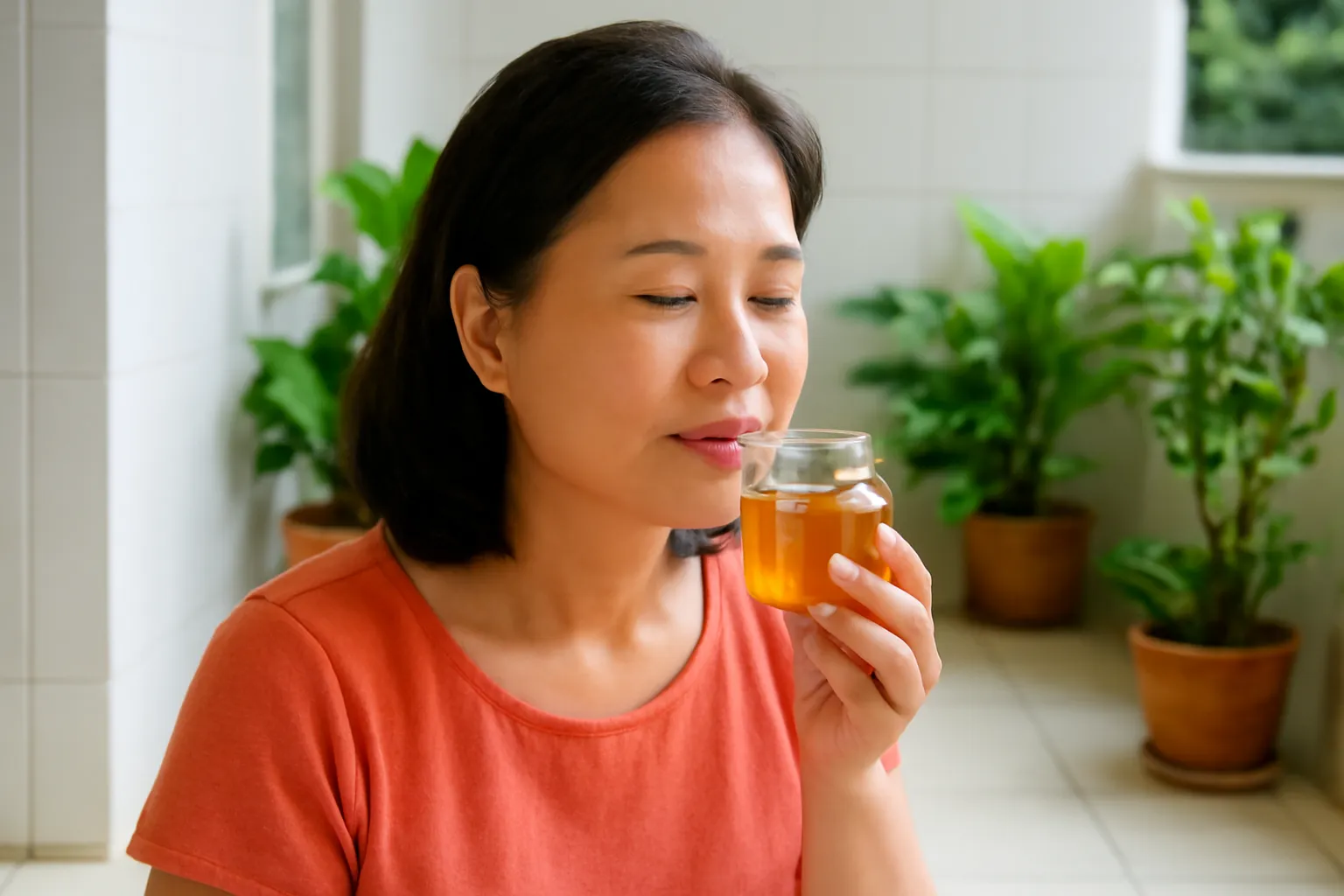 Người phụ nữ nhắm mắt ngửi lọ mật ong dú mở nắp ở hiên nhà sáng