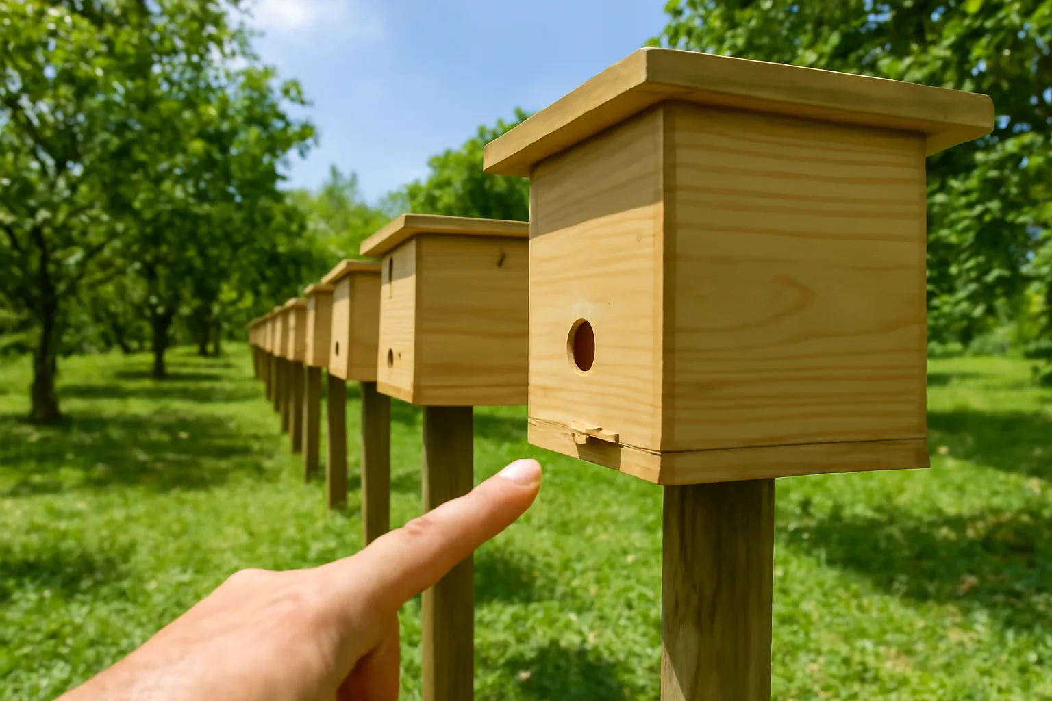 Hàng hộp gỗ nuôi ong kelulut trên cọc trong vườn cây ở Malaysia