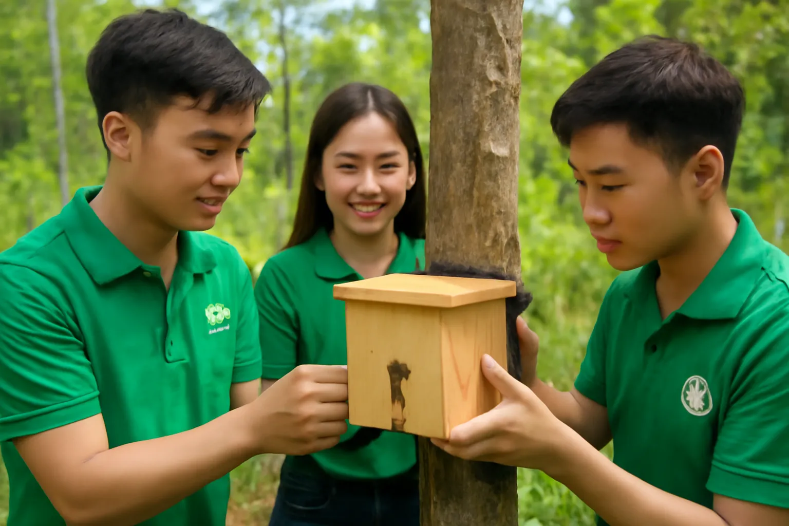 Tình nguyện viên áo xanh buộc hộp ong dú lên thân cây trong khu rừng phục hồi