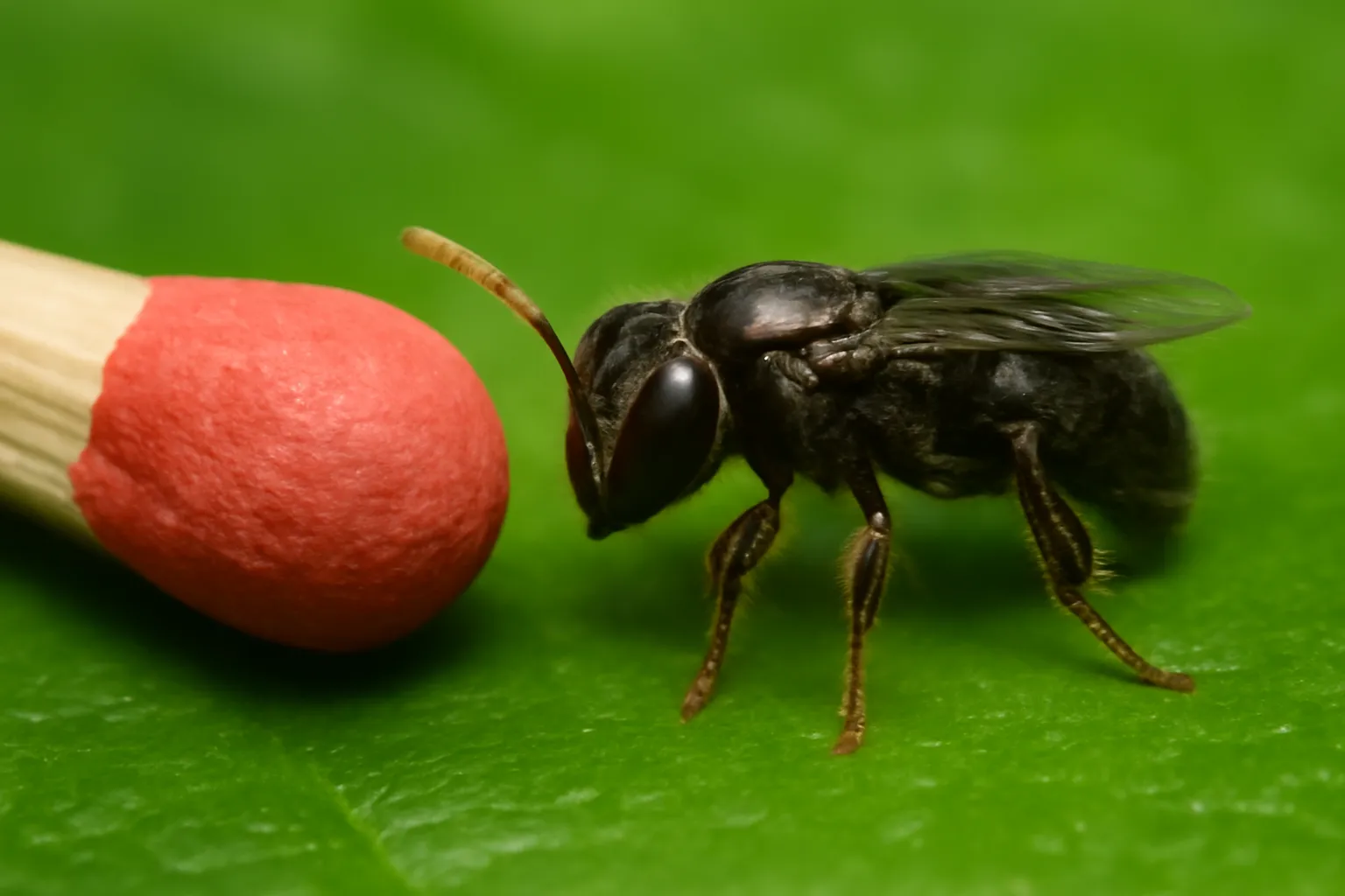 Ong dú Tetragonula đen nhỏ đậu cạnh đầu que diêm trên lá xanh