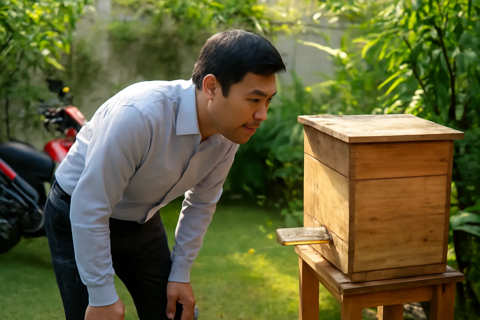 Người đàn ông áo sơ mi cúi xem hộp ong dú ở góc vườn trước giờ đi làm