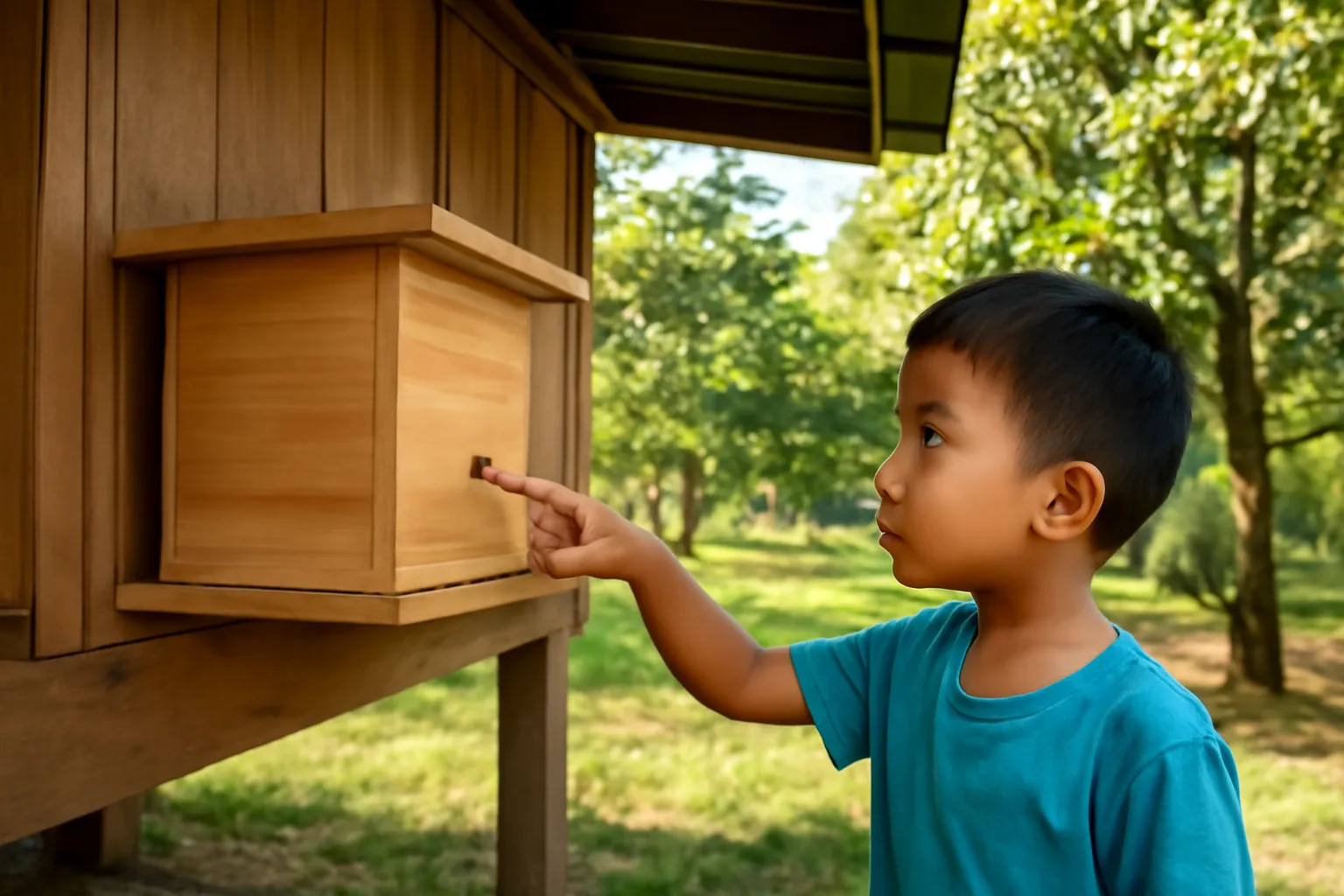 Hộp nuôi ong dú dưới mái nhà sàn ở làng quê Thái Lan, vườn sầu riêng phía sau