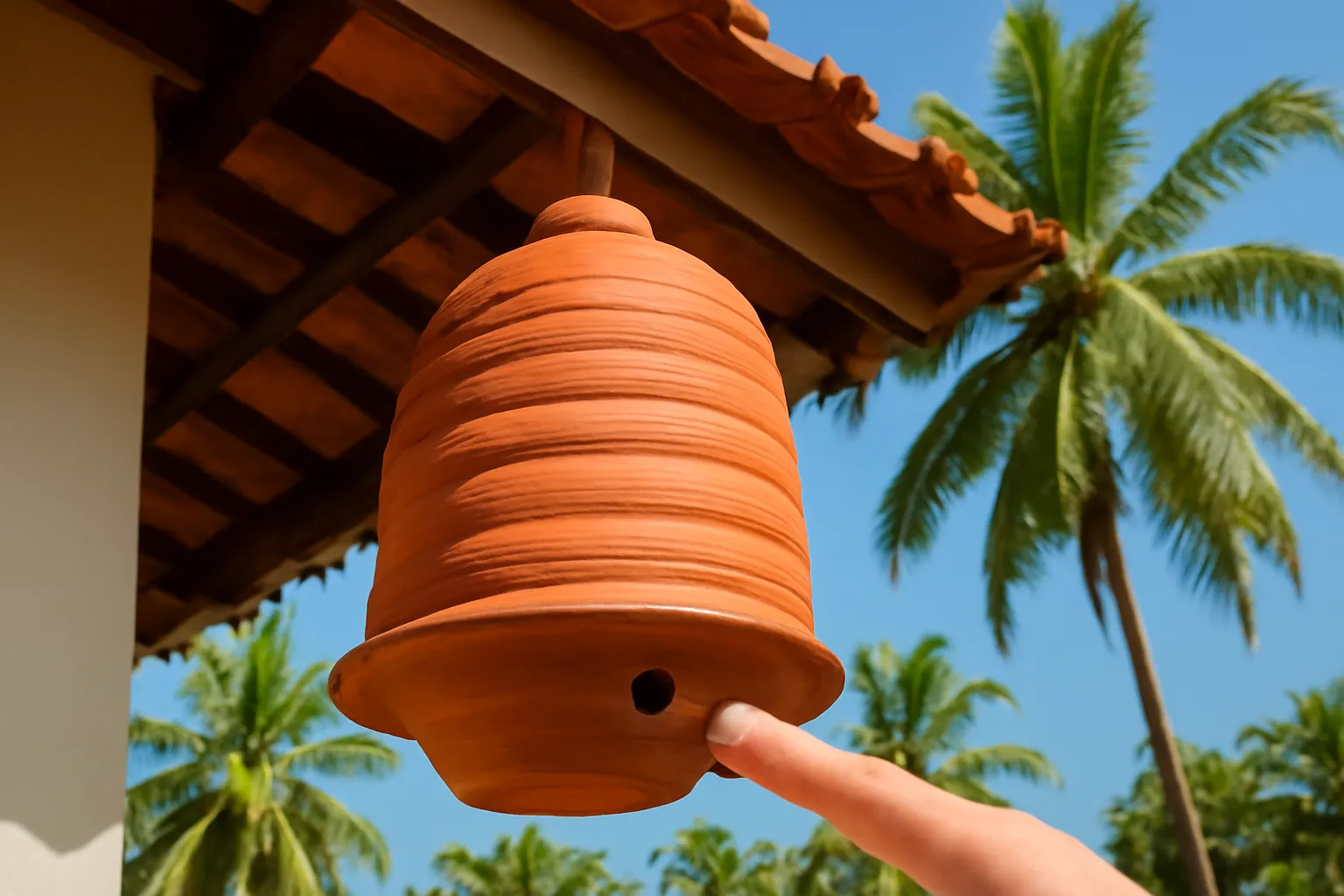 Hũ đất nung nuôi ong không ngòi treo dưới hiên nhà ở Kerala, Ấn Độ