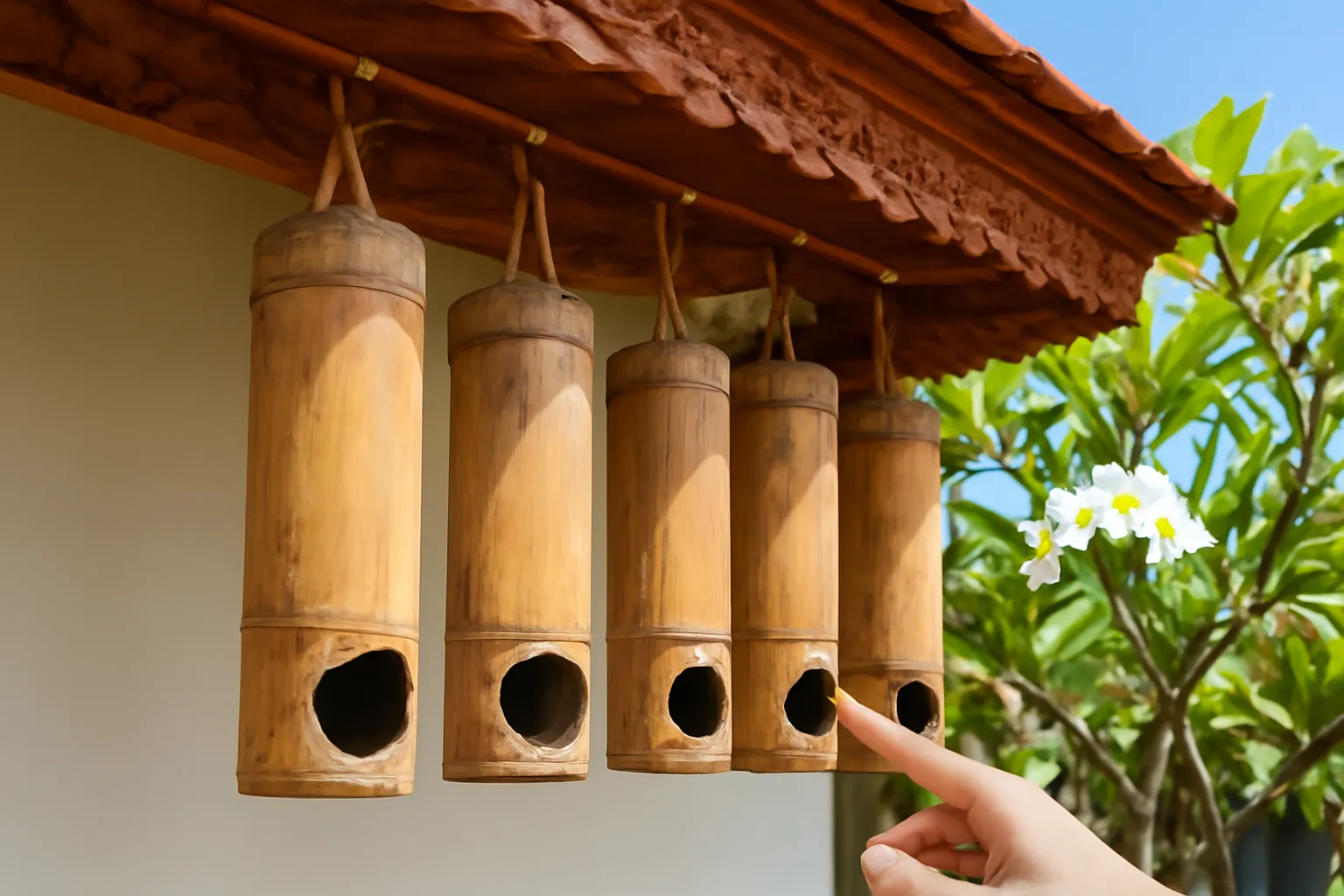 Hộp nuôi ong làm từ ống tre treo dưới mái nhà gỗ ở Bali, Indonesia